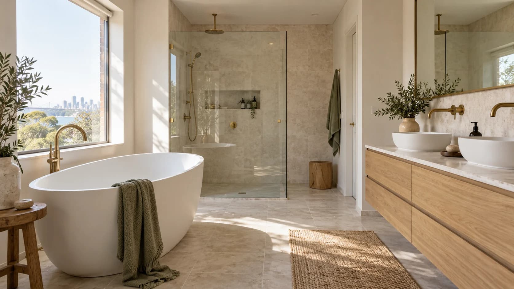 Bathroom design illustration with a freestanding bath, oak vanity and warm stone finishes