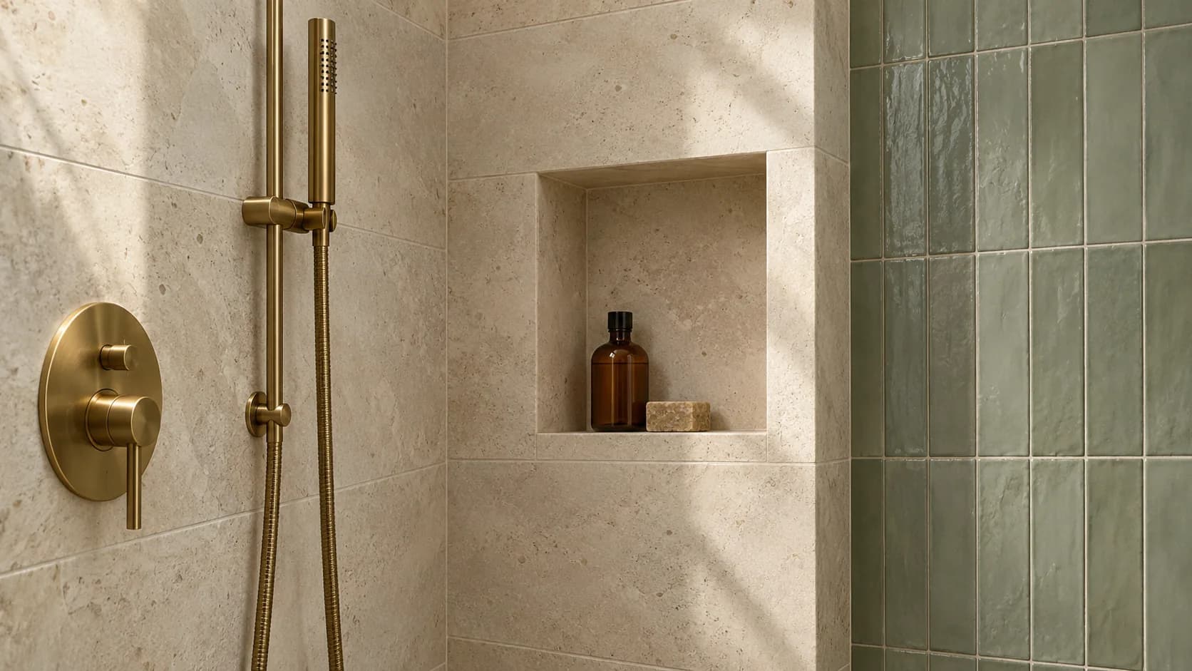 Design illustration of a tiled shower niche and brushed brass fittings